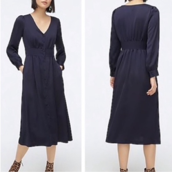 J.Crew Navy Satin Button-Front A-Line Midi Dress - Picture 1 of 10